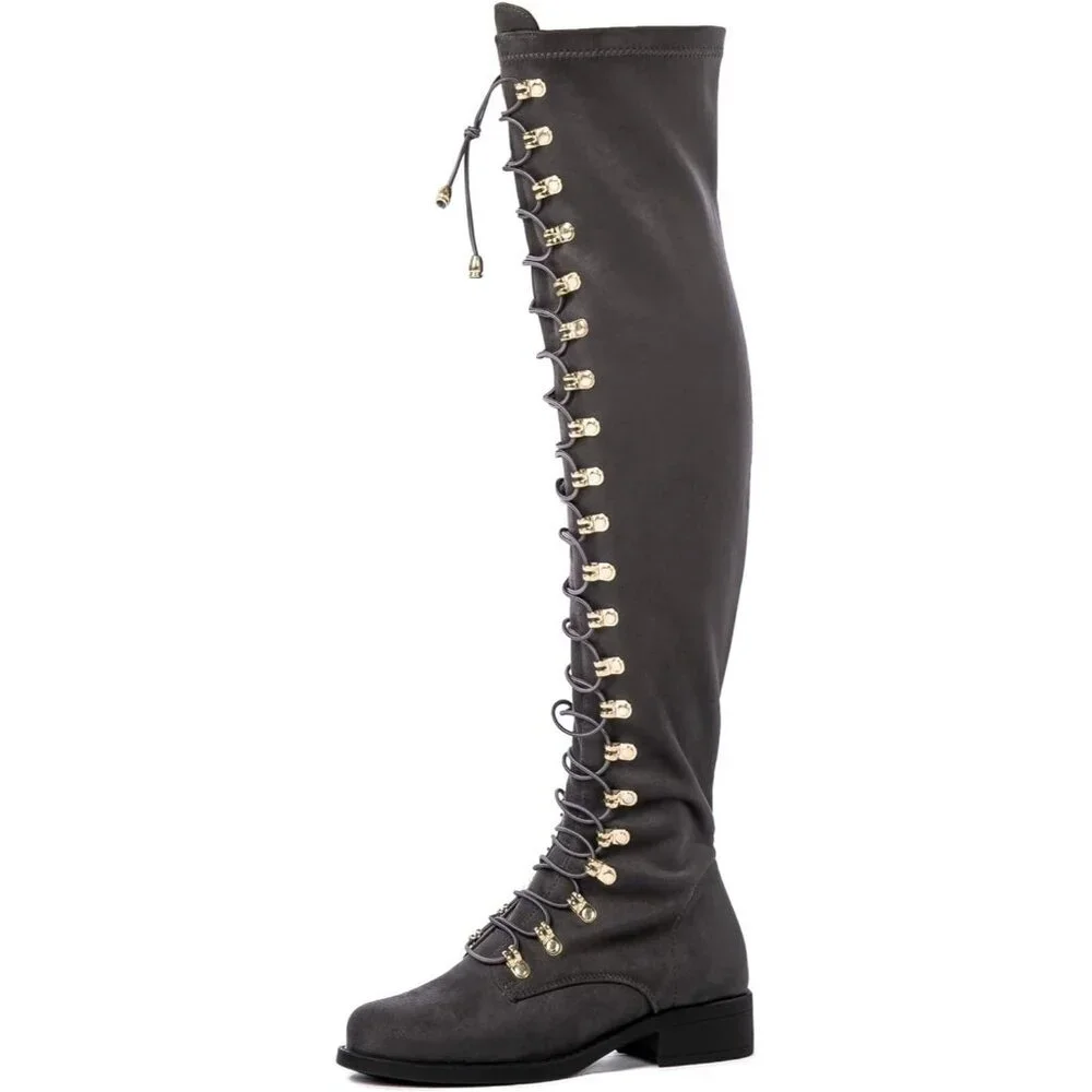 Women's Grey Faux Leather Side Zipper Over The Knee Thigh High Tall Boots